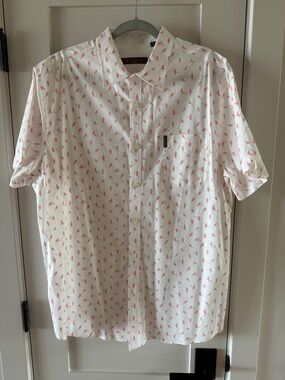 Ben Sherman White Short-Sleeve Button-Down Shirt with Pink Bird Print XXL